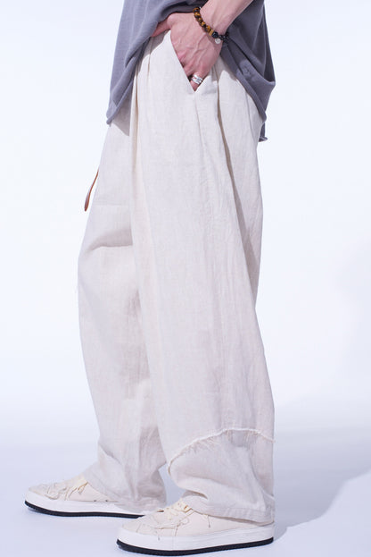 LINEN/COTTON HERRINGBONE ZIGZAG CUT-OUT PANTS