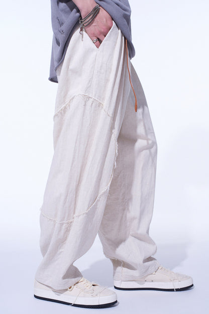 LINEN/COTTON HERRINGBONE ZIGZAG CUT-OUT PANTS