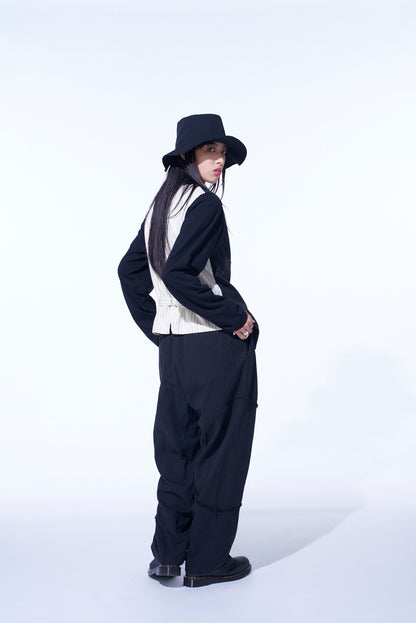 LINEN/COTTON HERRINGBONE ZIGZAG CUT-OUT PANTS
