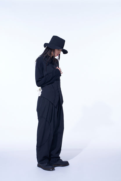 LINEN/COTTON HERRINGBONE ZIGZAG CUT-OUT PANTS
