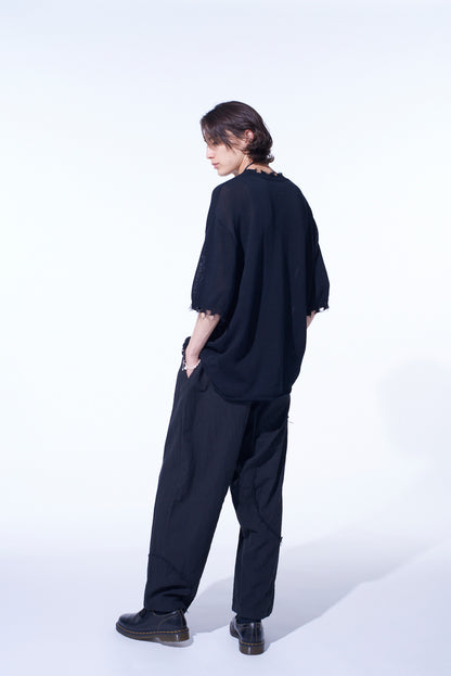 LINEN/COTTON HERRINGBONE ZIGZAG CUT-OUT PANTS