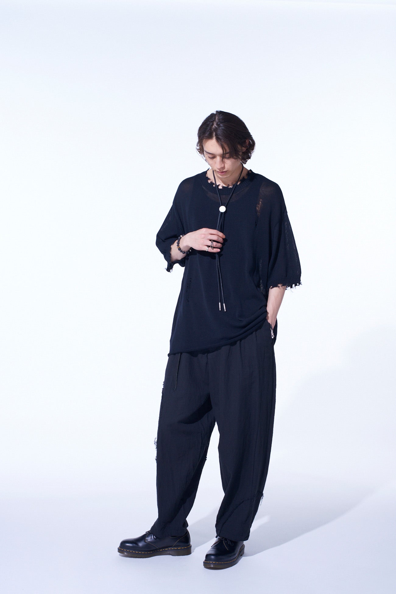 LINEN/COTTON HERRINGBONE ZIGZAG CUT-OUT PANTS