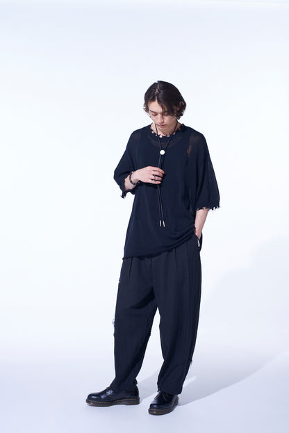 LINEN/COTTON HERRINGBONE ZIGZAG CUT-OUT PANTS
