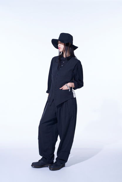 LINEN/COTTON HERRINGBONE ZIGZAG CUT-OUT PANTS