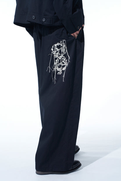 BAROQUE EMBROIDERY WAIST-STRING WIDE PANTS