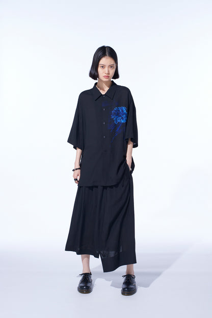 "BLUE CARNATION" COLLAGE PRINTED WAIST-STRING GATHERED SKIRT
