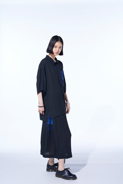 "BLUE CARNATION" COLLAGE PRINTED WAIST-STRING GATHERED SKIRT