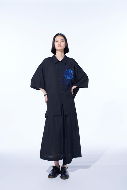 "BLUE CARNATION" COLLAGE PRINTED WAIST-STRING GATHERED SKIRT