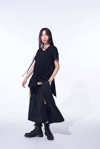 PE/SMOOTH JERSEY WAIST-STRING GATHERED SKIRT WITH TYROLEAN TAPES