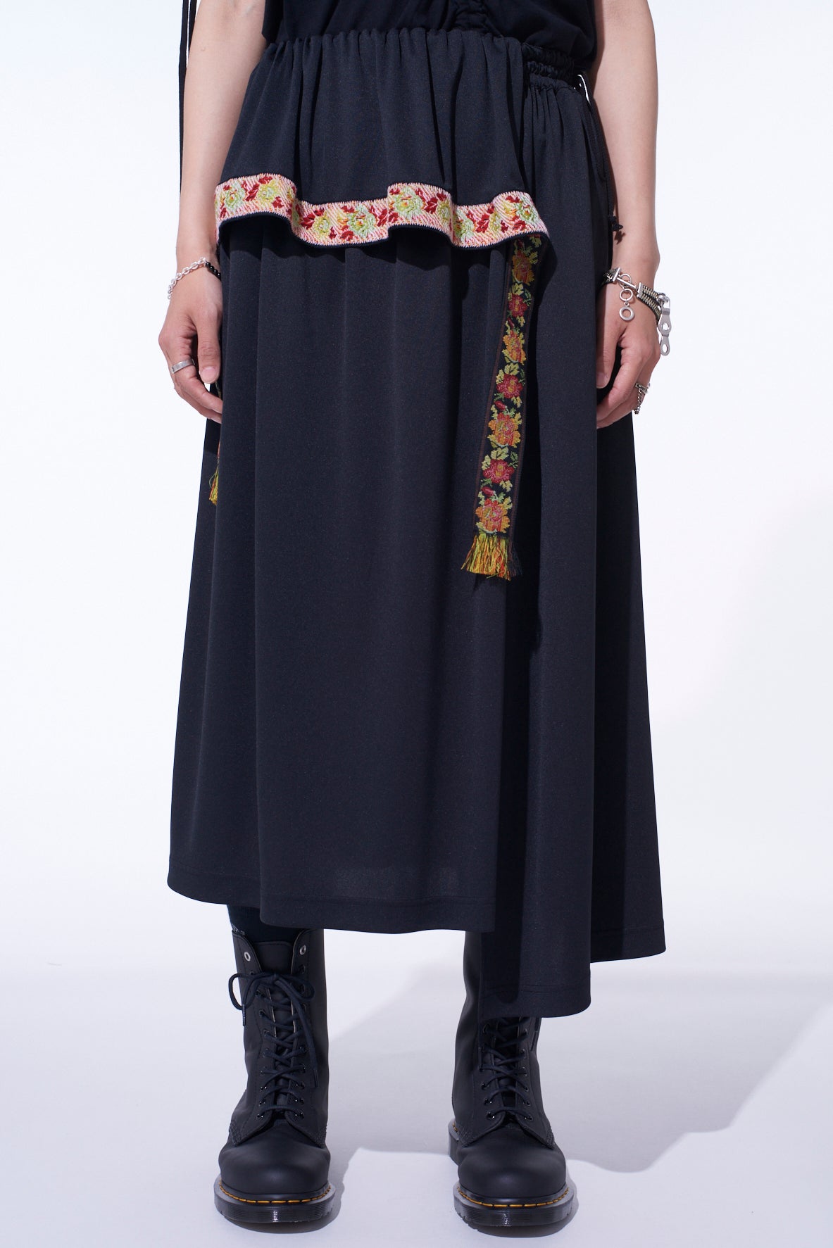 PE/SMOOTH JERSEY WAIST-STRING GATHERED SKIRT WITH TYROLEAN TAPES