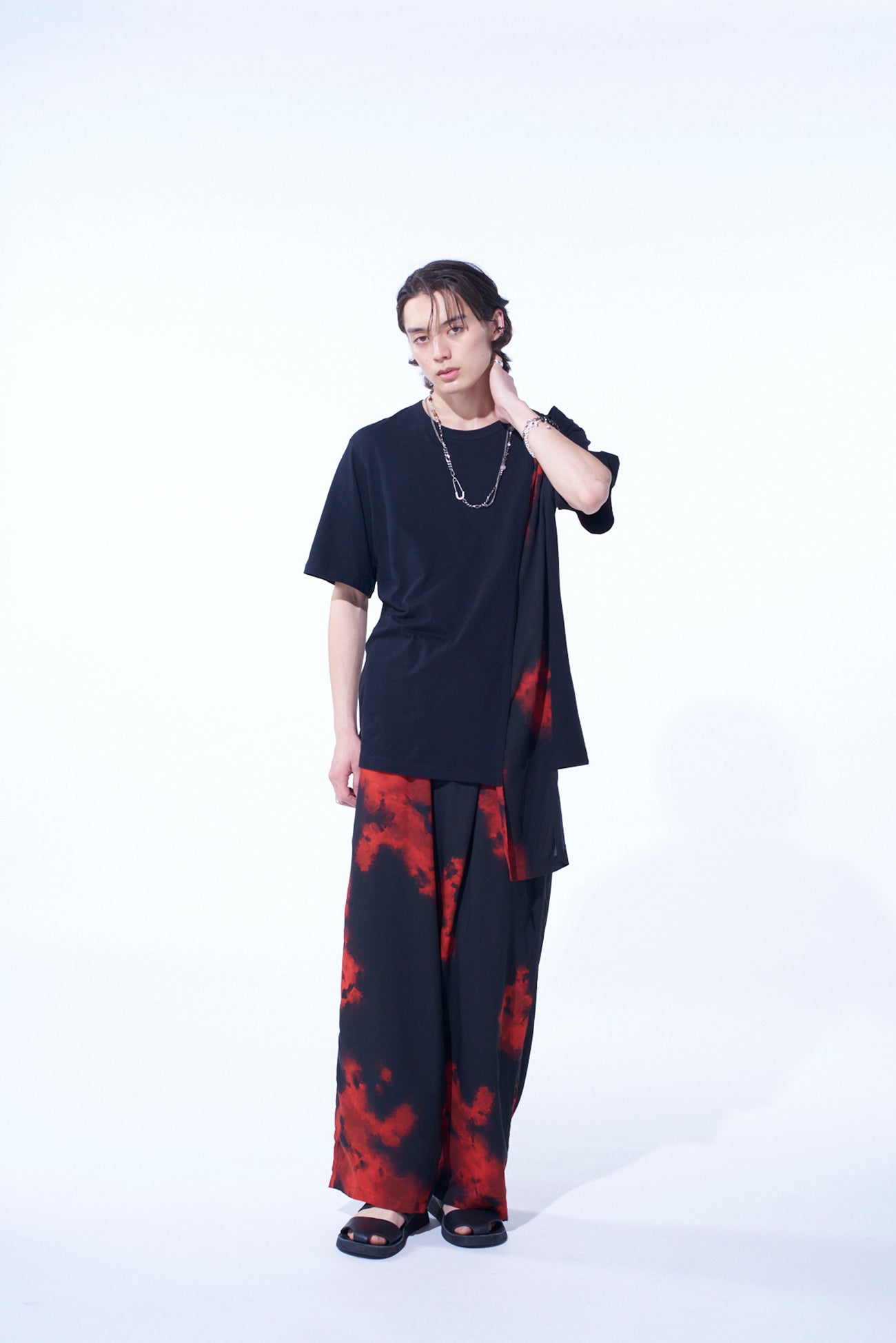 FLAMES PATTERN ASYMMETRICAL S/S T-SHIRT