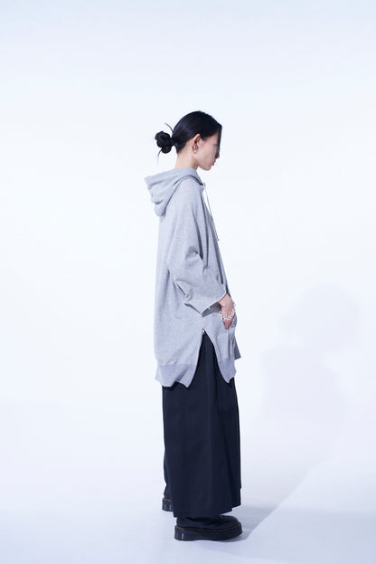COTTON GAUZE SHORT-SLEEVED BIG HOODIE WITH SIDE ZIPPERS