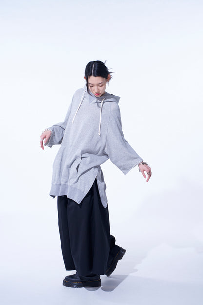 COTTON GAUZE SHORT-SLEEVED BIG HOODIE WITH SIDE ZIPPERS