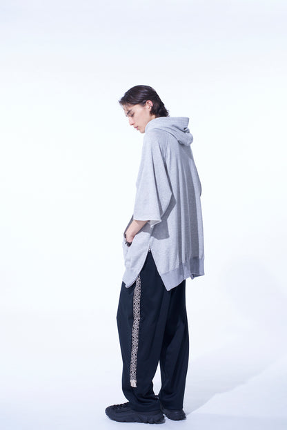 COTTON GAUZE SHORT-SLEEVED BIG HOODIE WITH SIDE ZIPPERS
