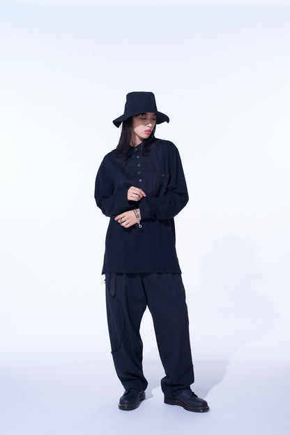 WOVEN AND JERSEY COMBINATIONS STAND COLLAR HENLEY NECK PULLOVER