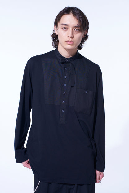 WOVEN AND JERSEY COMBINATIONS STAND COLLAR HENLEY NECK PULLOVER