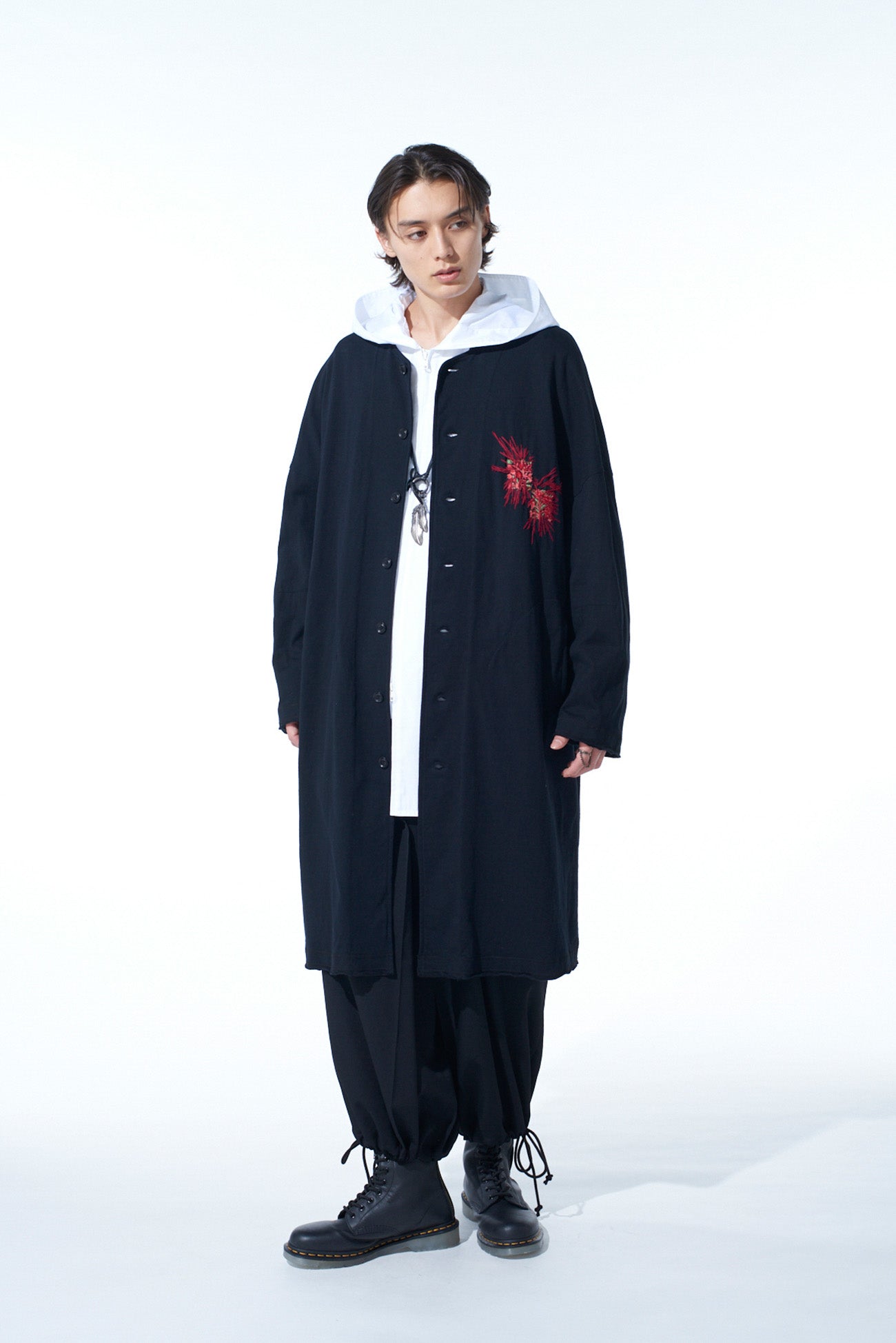 CLASSIC JERSEY TYROLEAN EMBROIDERY COLLARLESS LONG CARDIGAN
