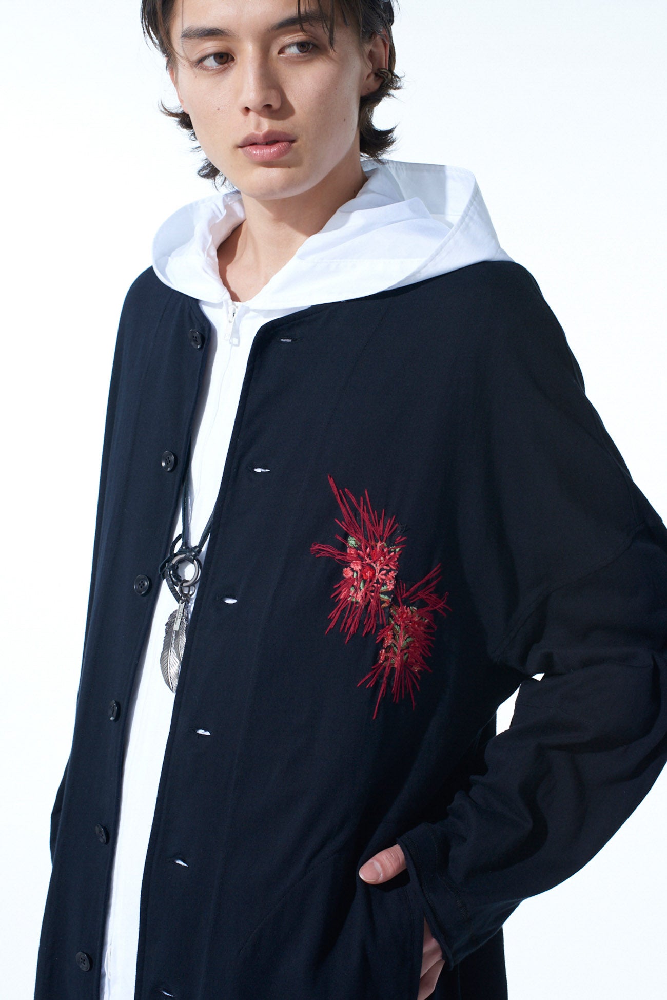 CLASSIC JERSEY TYROLEAN EMBROIDERY COLLARLESS LONG CARDIGAN