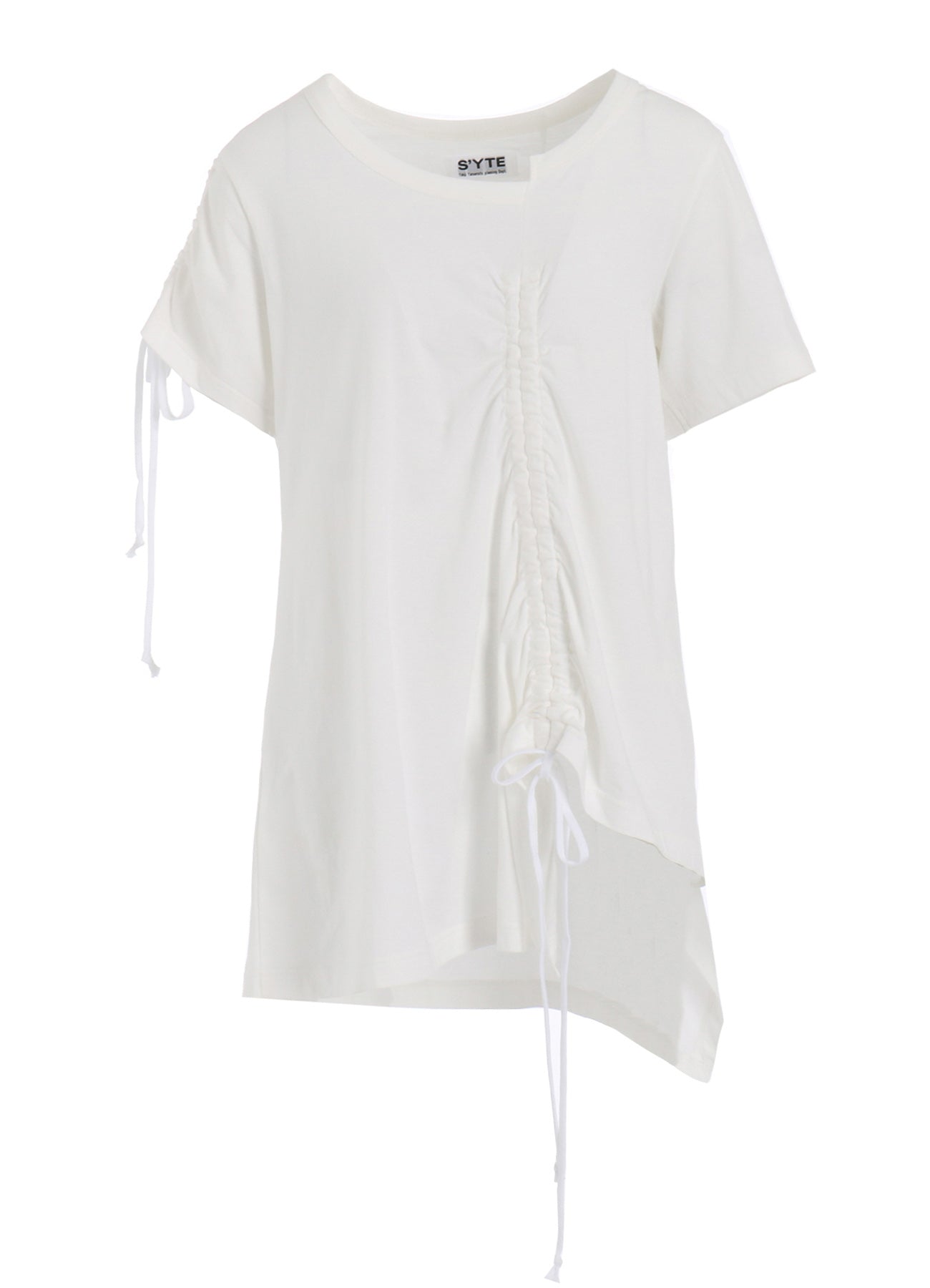 SOFT JERSEY ASYMMETRICAL T-SHIRT WITH GATHERED STRINGS