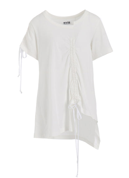 SOFT JERSEY ASYMMETRICAL T-SHIRT WITH GATHERED STRINGS