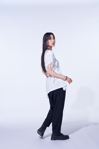 SOFT JERSEY ASYMMETRICAL T-SHIRT WITH GATHERED STRINGS
