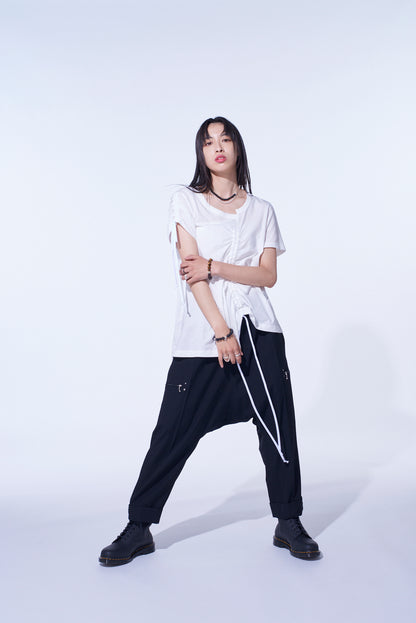 SOFT JERSEY ASYMMETRICAL T-SHIRT WITH GATHERED STRINGS