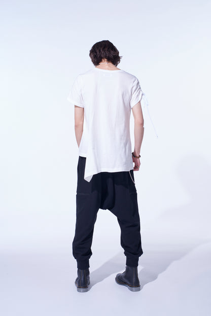 SOFT JERSEY ASYMMETRICAL T-SHIRT WITH GATHERED STRINGS
