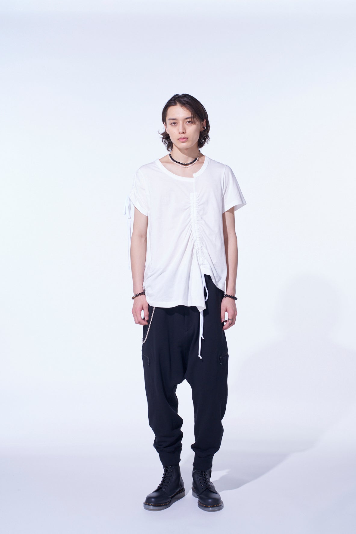 SOFT JERSEY ASYMMETRICAL T-SHIRT WITH GATHERED STRINGS