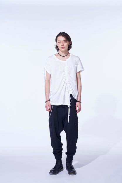 SOFT JERSEY ASYMMETRICAL T-SHIRT WITH GATHERED STRINGS