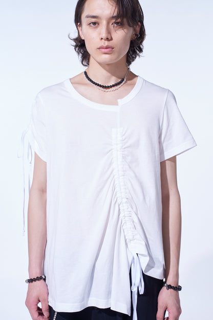 SOFT JERSEY ASYMMETRICAL T-SHIRT WITH GATHERED STRINGS