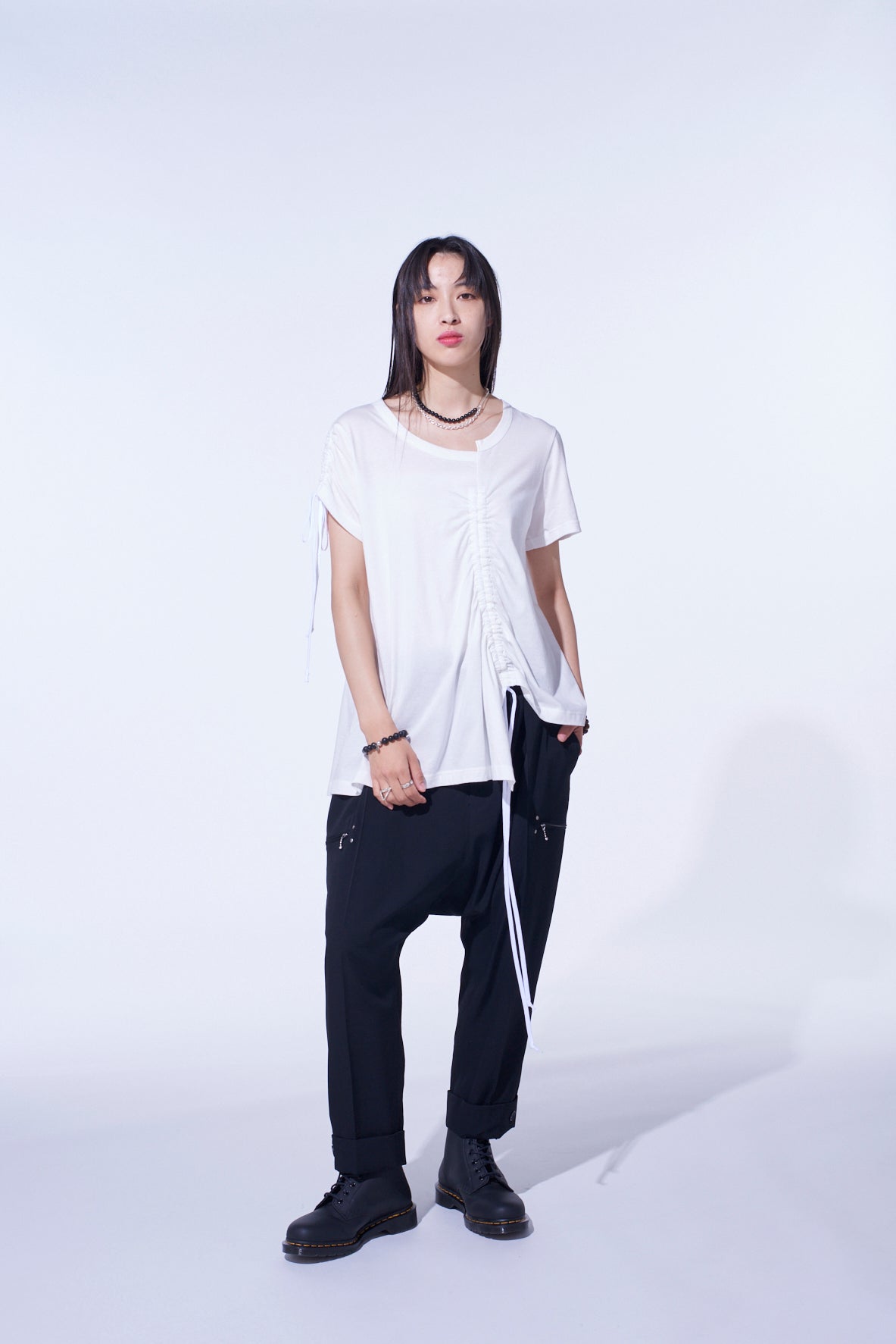 SOFT JERSEY ASYMMETRICAL T-SHIRT WITH GATHERED STRINGS