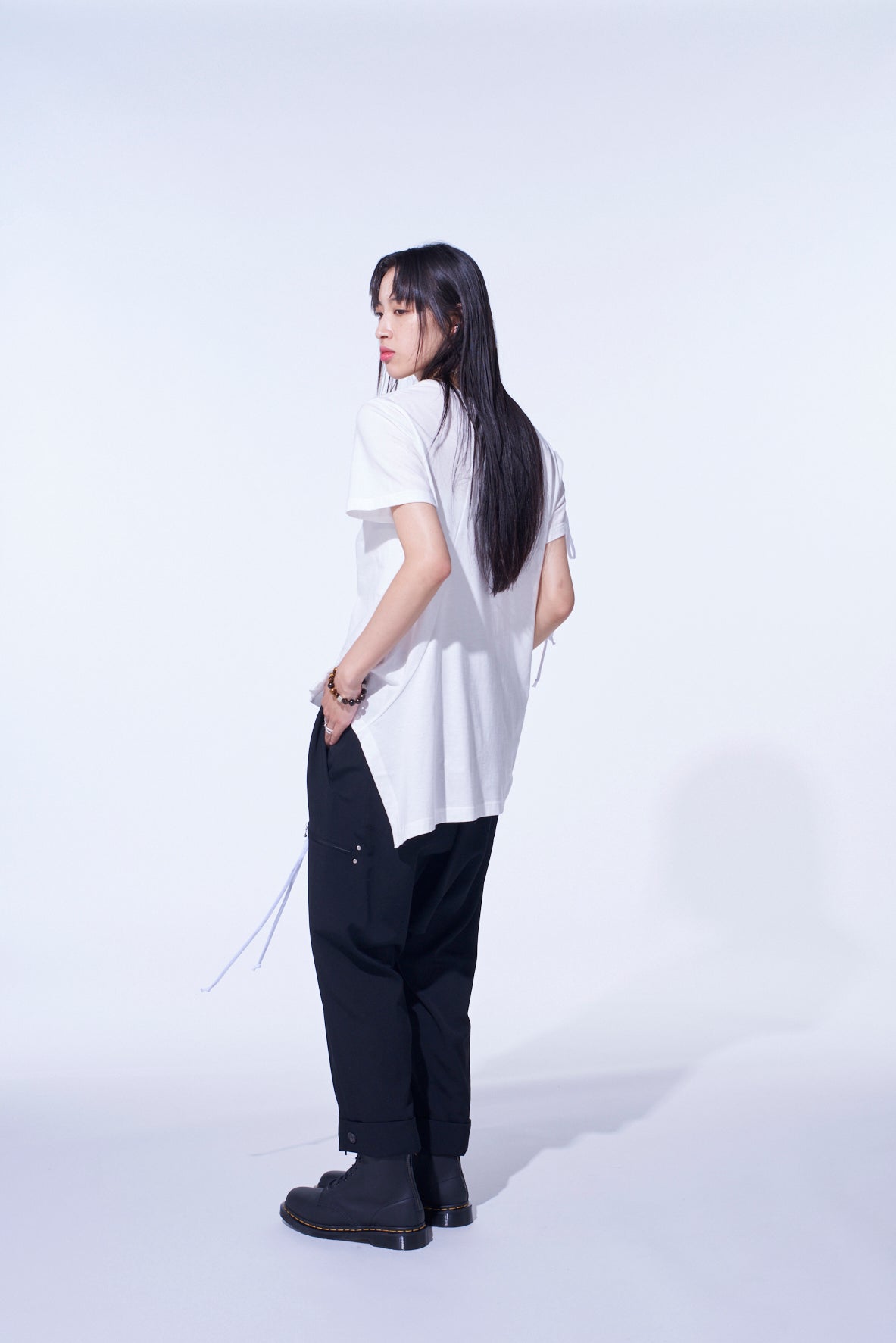 SOFT JERSEY ASYMMETRICAL T-SHIRT WITH GATHERED STRINGS