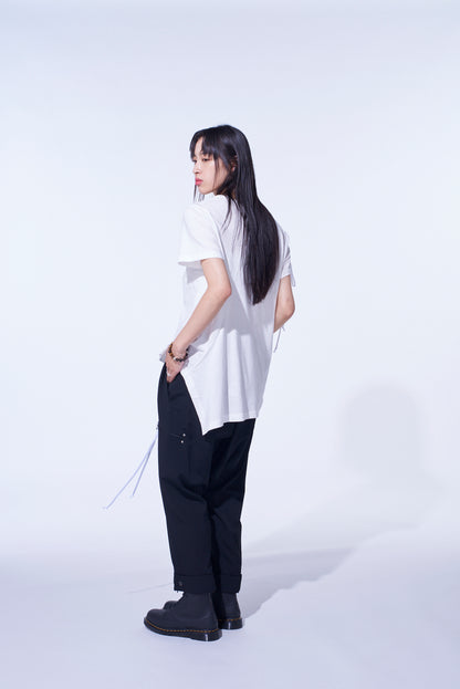SOFT JERSEY ASYMMETRICAL T-SHIRT WITH GATHERED STRINGS