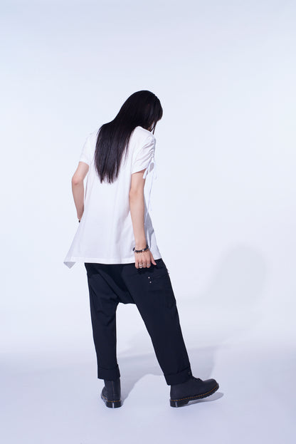 SOFT JERSEY ASYMMETRICAL T-SHIRT WITH GATHERED STRINGS