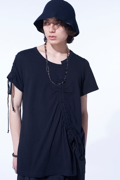 SOFT JERSEY ASYMMETRICAL T-SHIRT WITH GATHERED STRINGS
