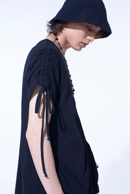 SOFT JERSEY ASYMMETRICAL T-SHIRT WITH GATHERED STRINGS