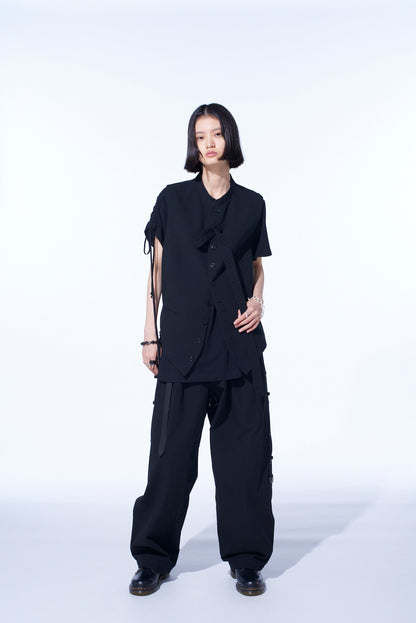 COTTON/LINEN DUNGAREE STAND COLLAR VEST