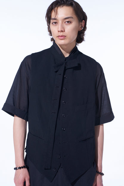 COTTON/LINEN DUNGAREE STAND COLLAR VEST