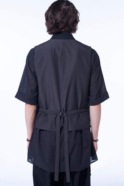 COTTON/LINEN DUNGAREE STAND COLLAR VEST