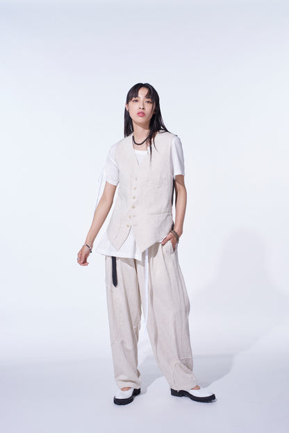 LINEN/COTTON HERRINGBONE ZIGZAG CUT-OUT VEST