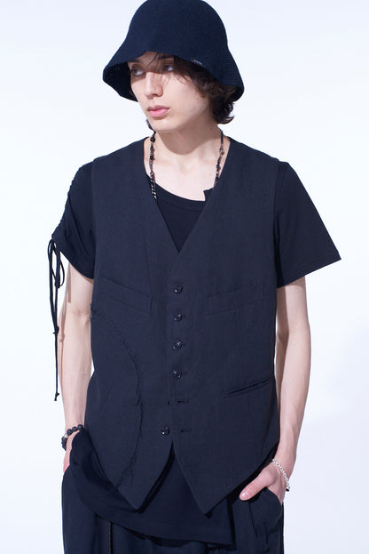 LINEN/COTTON HERRINGBONE ZIGZAG CUT-OUT VEST