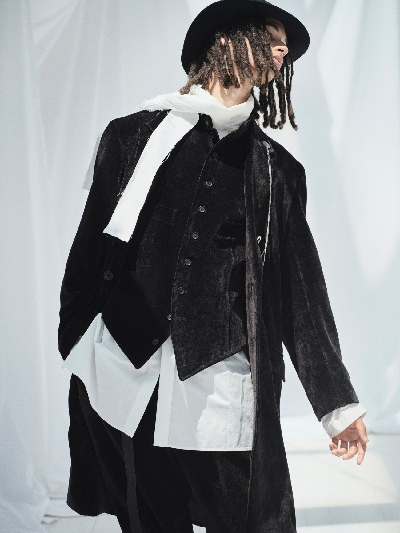 COTTON/LINEN WASHER TYPEWRITER ASYMMETRICAL STOLE COLLAR SHIRT