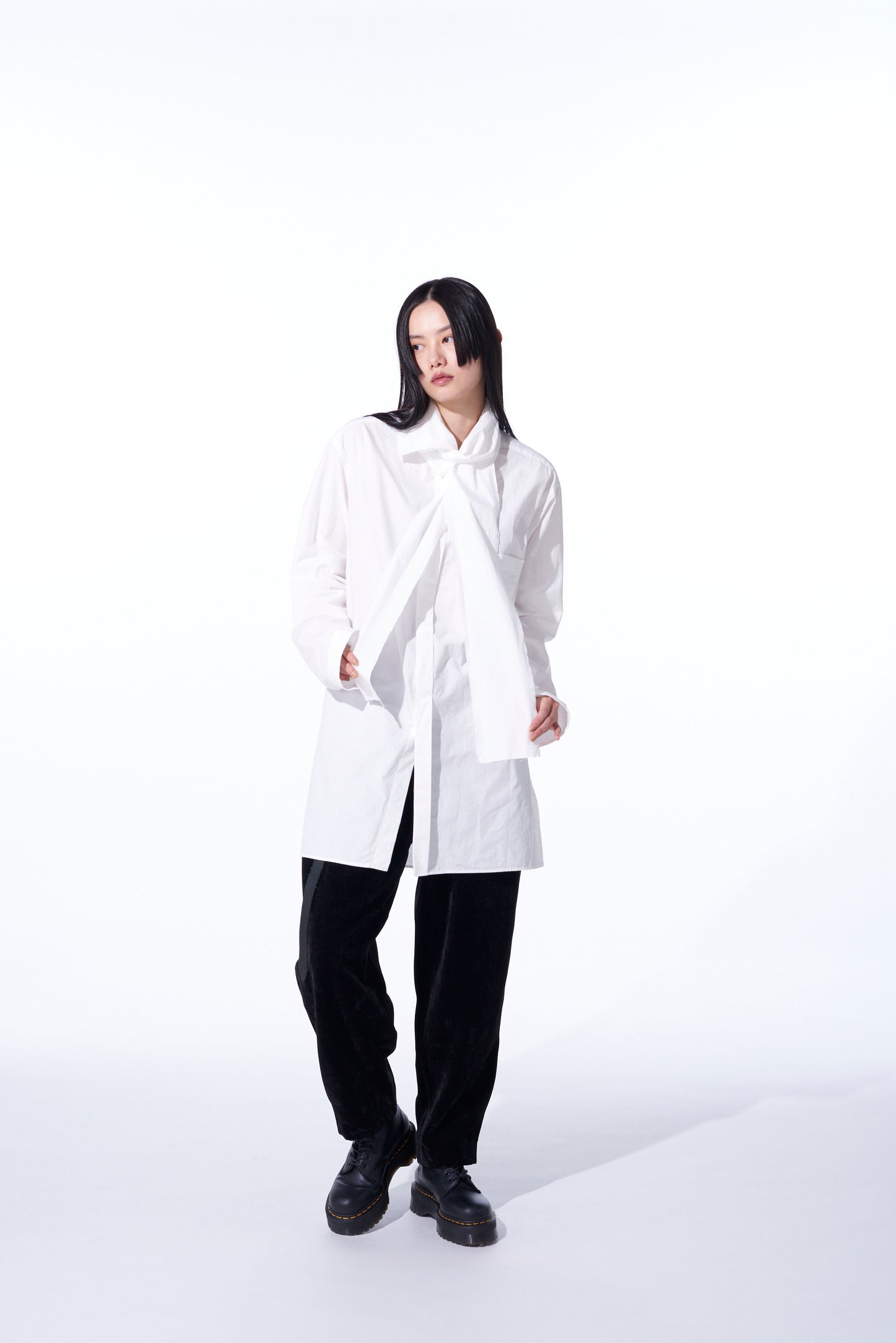 COTTON/LINEN WASHER TYPEWRITER ASYMMETRICAL STOLE COLLAR SHIRT