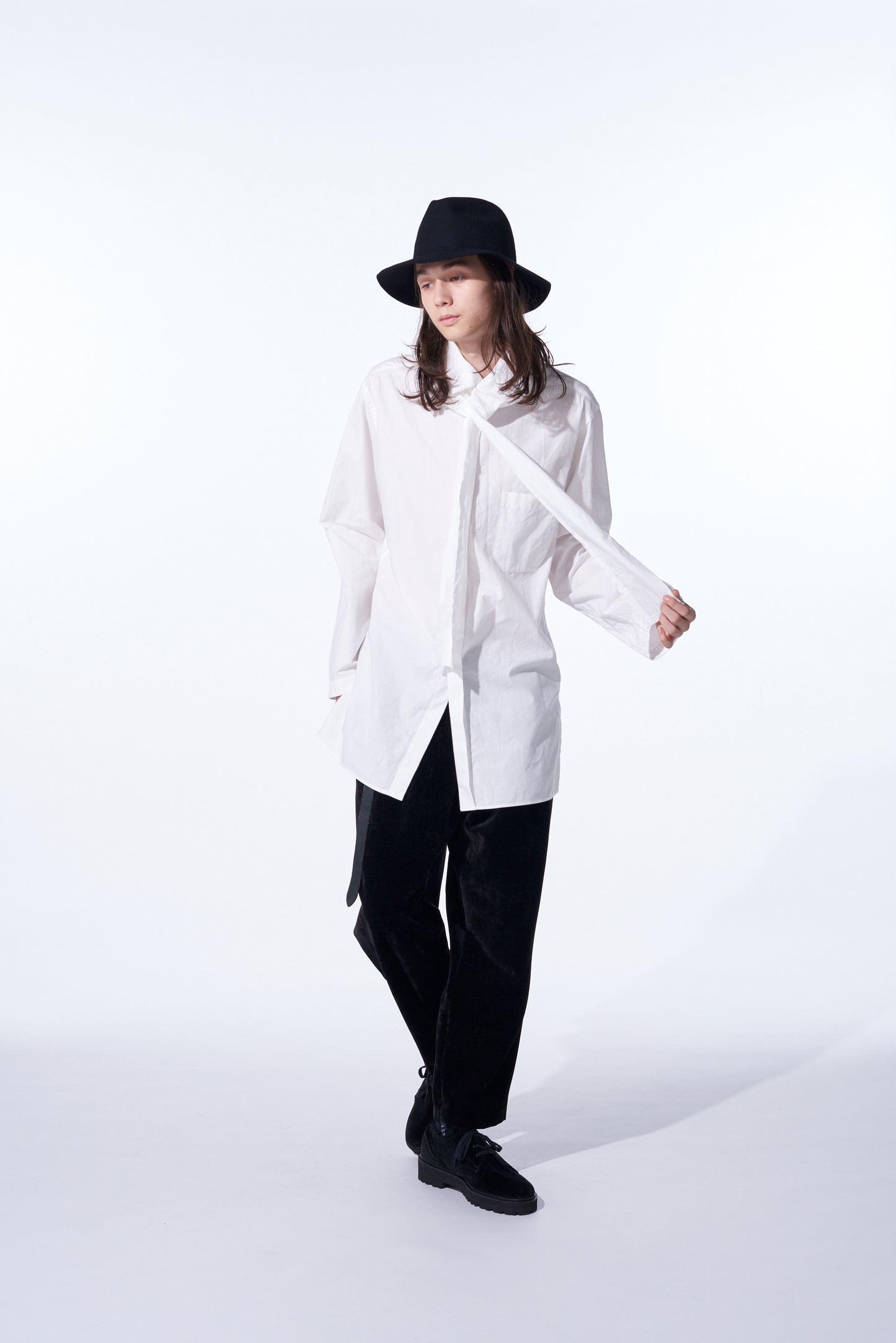 COTTON/LINEN WASHER TYPEWRITER ASYMMETRICAL STOLE COLLAR SHIRT