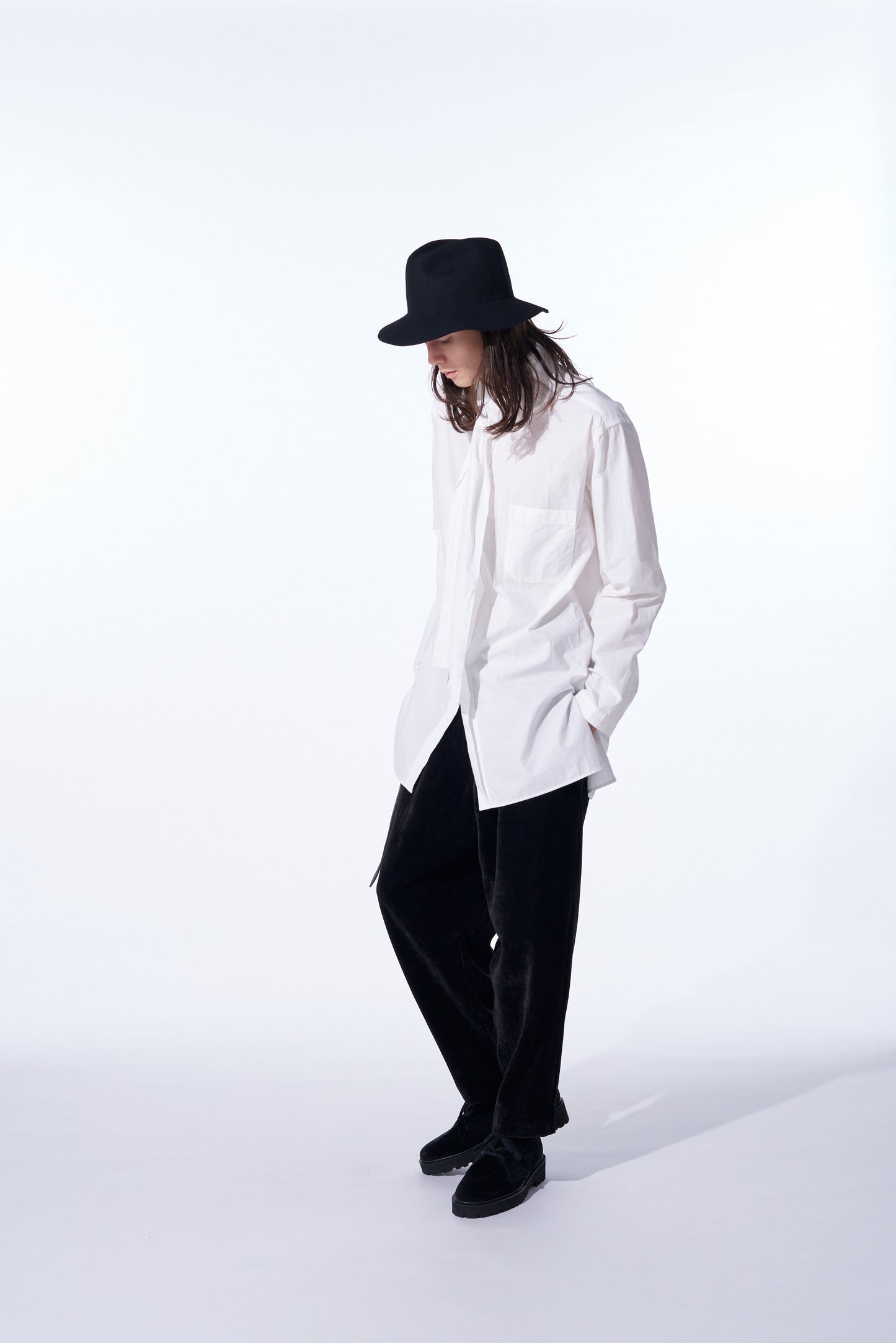 COTTON/LINEN WASHER TYPEWRITER ASYMMETRICAL STOLE COLLAR SHIRT