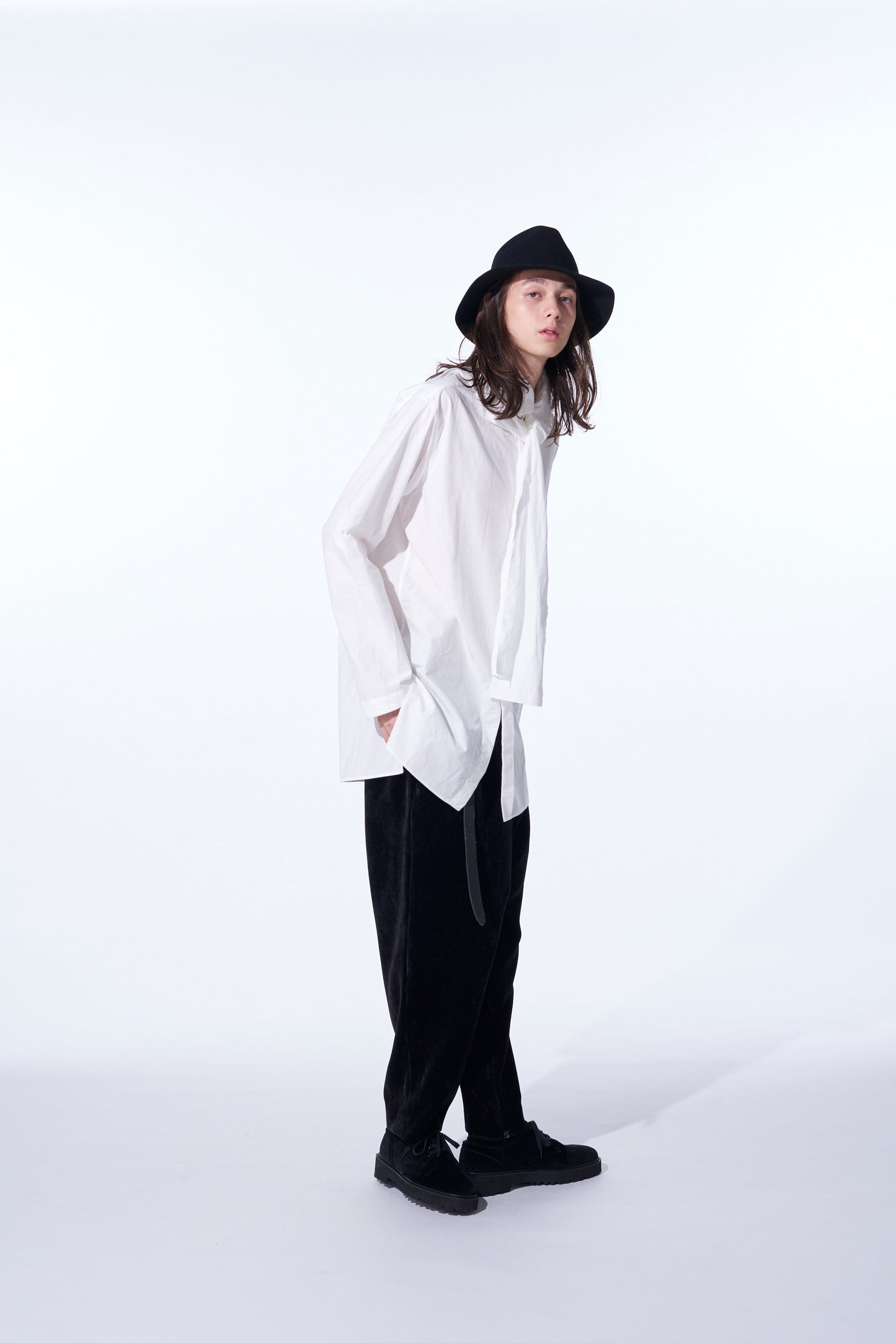 COTTON/LINEN WASHER TYPEWRITER ASYMMETRICAL STOLE COLLAR SHIRT