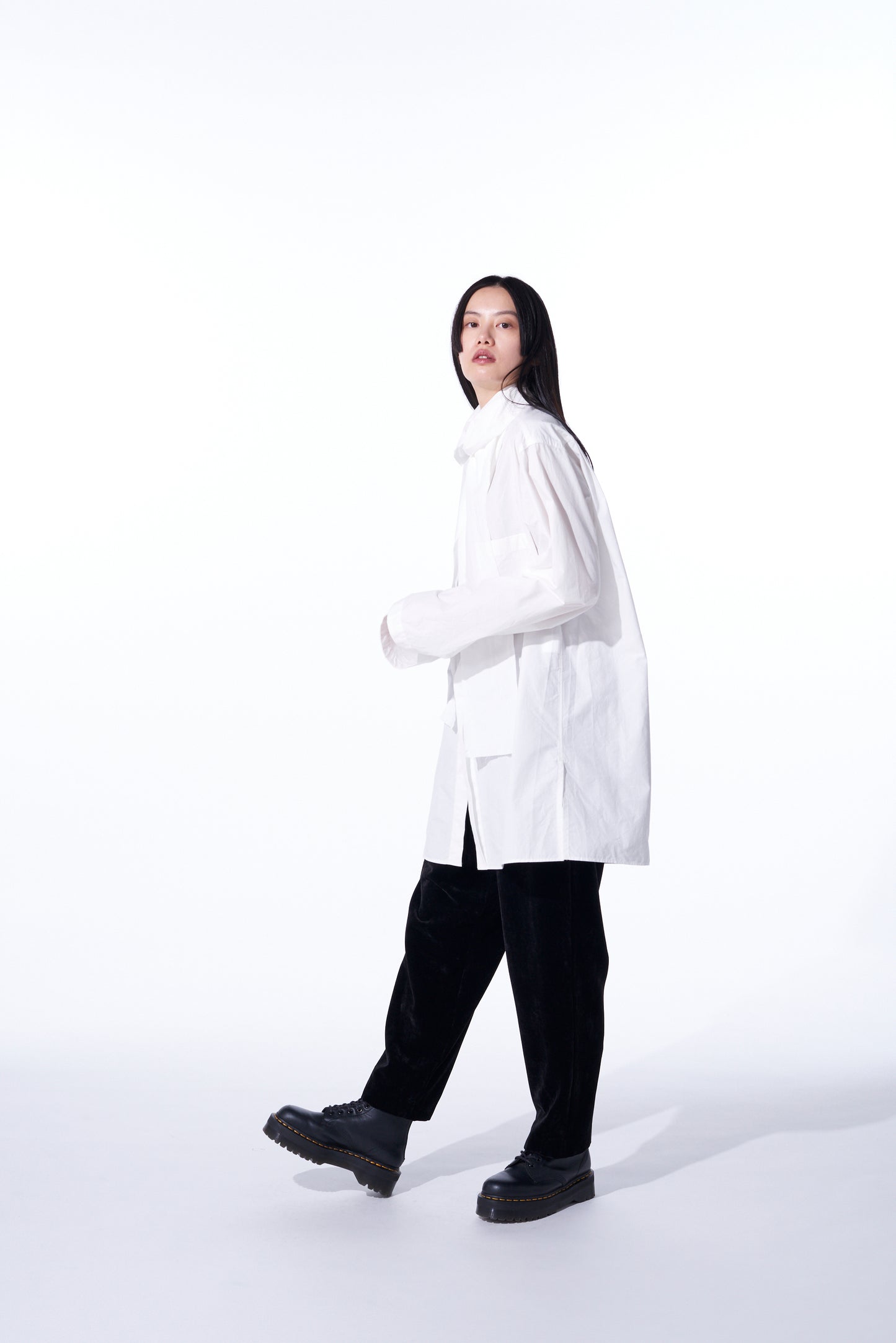 COTTON/LINEN WASHER TYPEWRITER ASYMMETRICAL STOLE COLLAR SHIRT