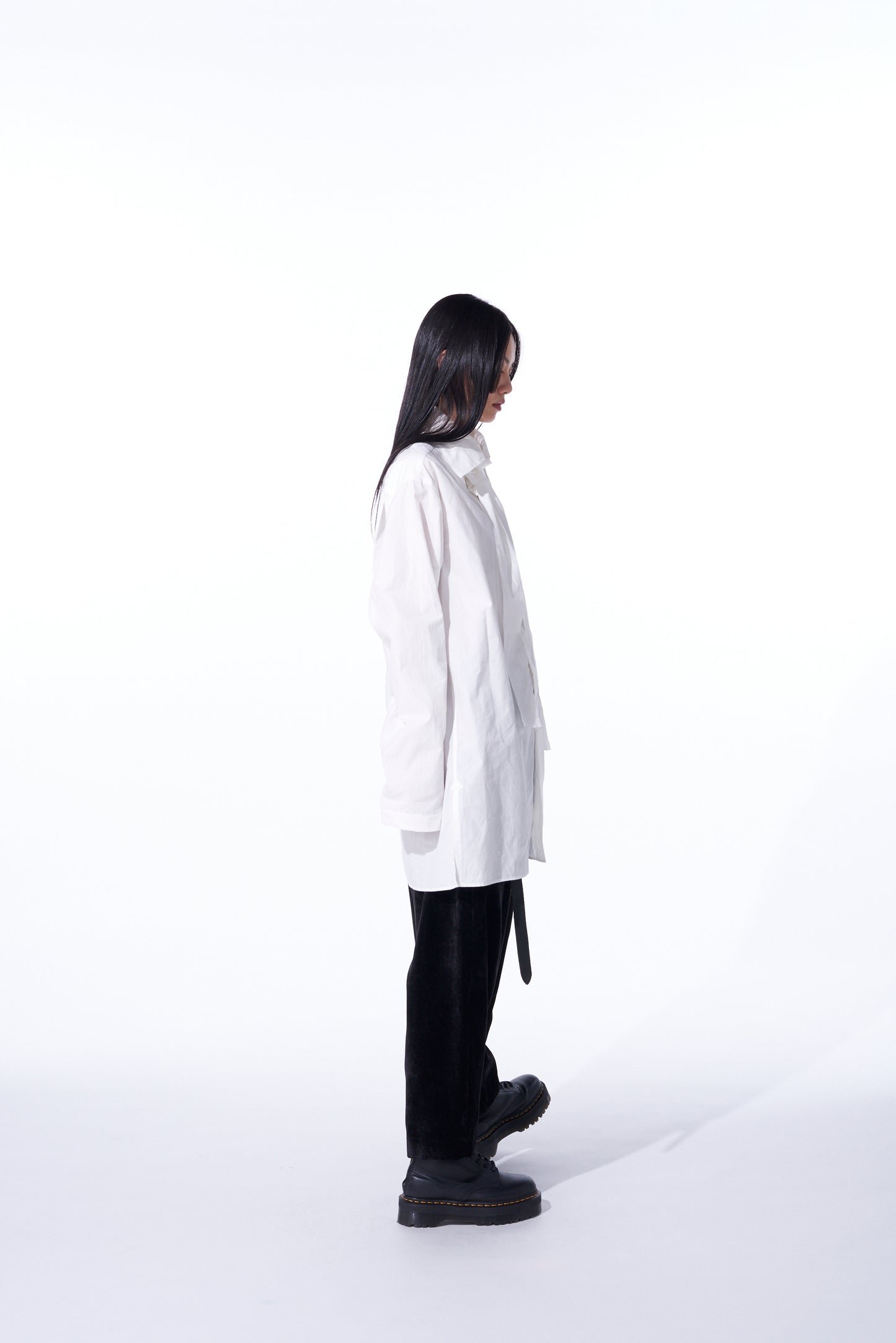 COTTON/LINEN WASHER TYPEWRITER ASYMMETRICAL STOLE COLLAR SHIRT