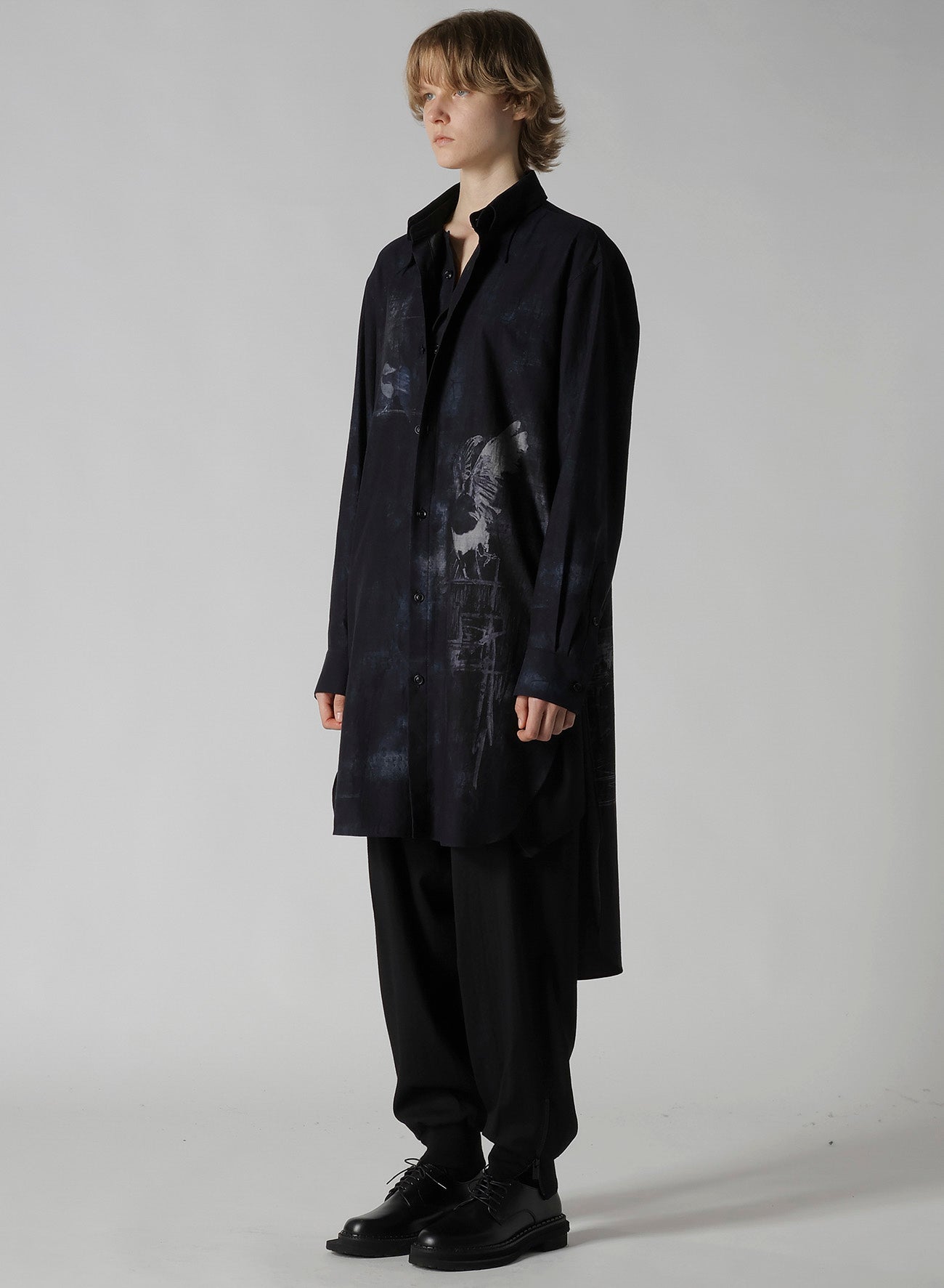 BIRD PRINT DENIM DOUBLE FRONT SHIRT