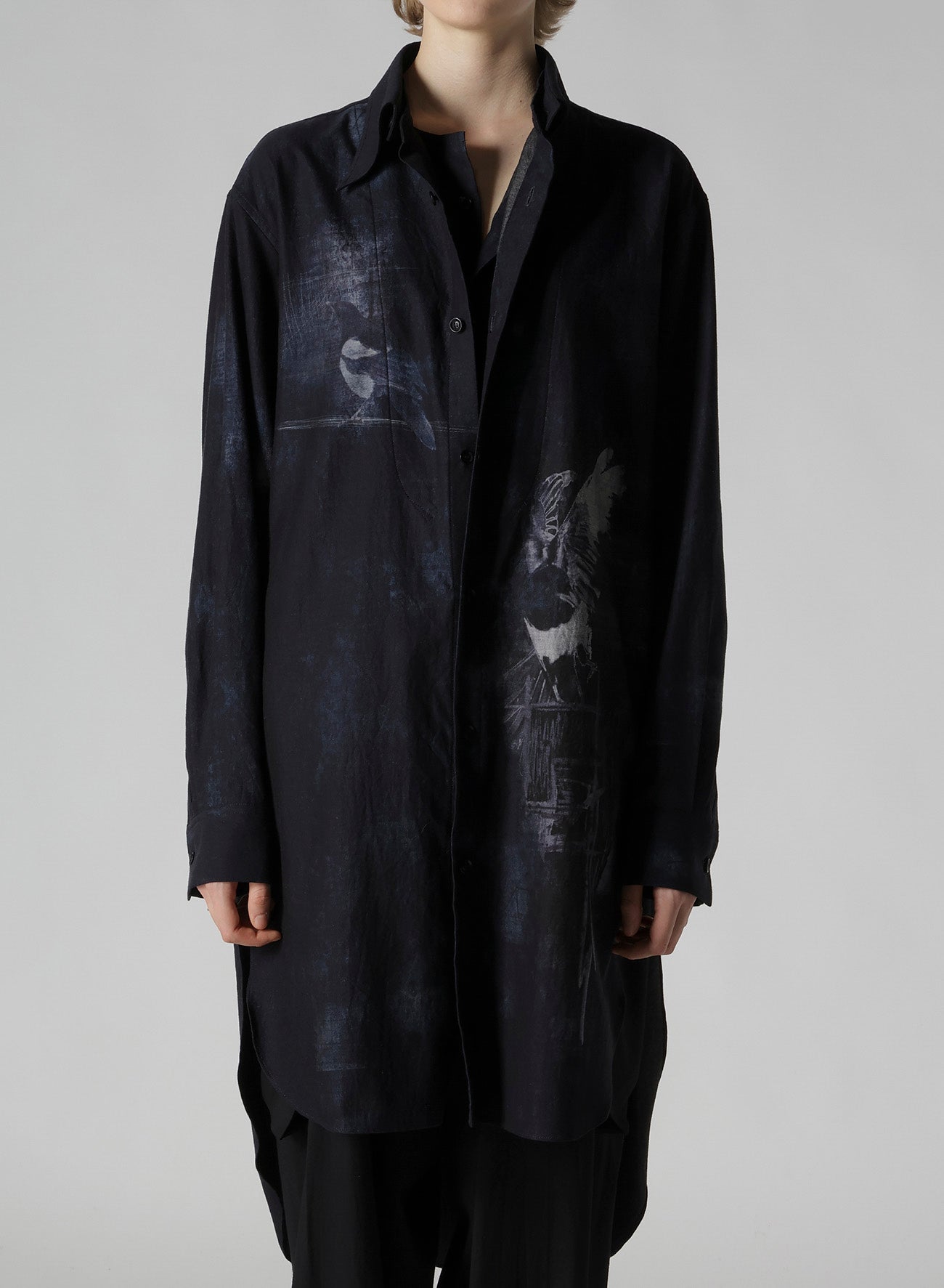 BIRD PRINT DENIM DOUBLE FRONT SHIRT